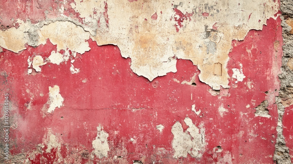 Poster aged cement wall featuring peeling red paint visible cracks and ample empty space for text or graphi