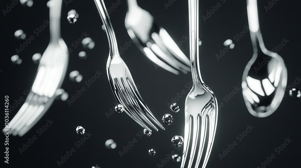 Poster a monochrome image featuring a fork and two spoons with droplets of water on a dark background