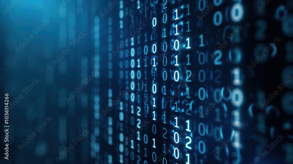 Poster this visual showcases a dense arrangement of binary code streaming in brilliant blue hues, creating 