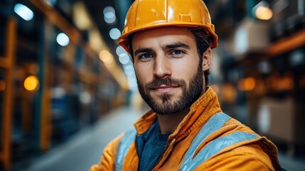 A confident construction worker wearing an orange safety jacket and hard hat stands in a well-lit warehouse, surrounded by shelves filled with supplies, ready for the day's tasks