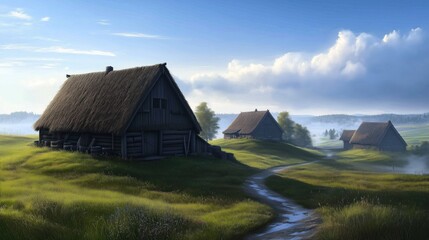 Fototapeta premium A serene countryside scene shows thatched-roof cottages nestled in lush greenery, with a gentle mist hovering over the landscape at dawn, inviting exploration along the winding path