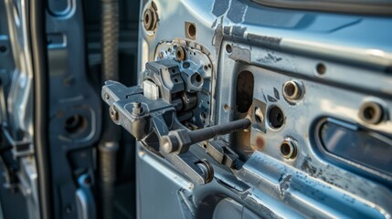 A detailed view of a van's door lock mechanism, with textures of metal and plastic components, Urban setting with detailed security features