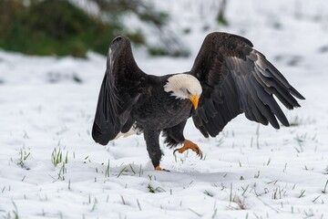 Bald eagle walking on snow with wings spread.