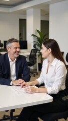 Fototapeta premium Senior financial expert mentors young woman in collaborative setting within contemporary office space