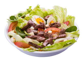 Fresh Beef Salad With Eggs and Tomatoes in a White Bowl