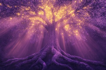 Abstract image of a tree with glowing roots and branches extending outward in Purple Basil tones