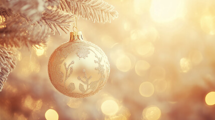 Vintage golden Christmas ornament hanging on white tree with warm glow and festive bokeh background