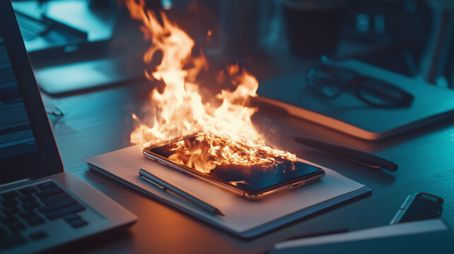 デスク上で炎上するスマホ