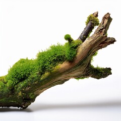 rotten branch covered in green moss isolated on transparent background
