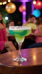 Illustration showcases a Margarita at a lively summer fiesta with salted rim and lime wedge
