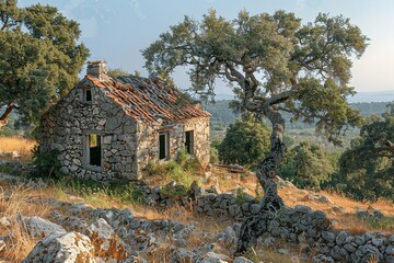 A crumbling stone house sits abandoned in a field, a gnarled tree reaching out towards the sky.