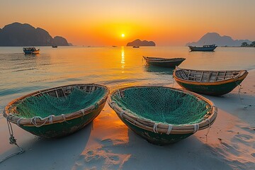 Sunrise over the ocean with traditional fishing boats on the shore.