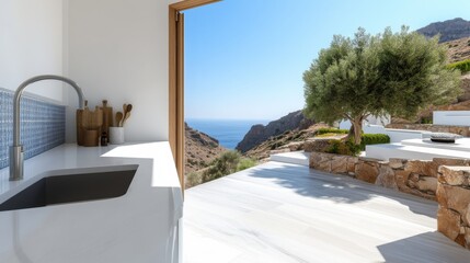 Fototapeta premium Luxuriöse griechische Inselvilla mit moderner Küche und Blick auf die malerische Küste