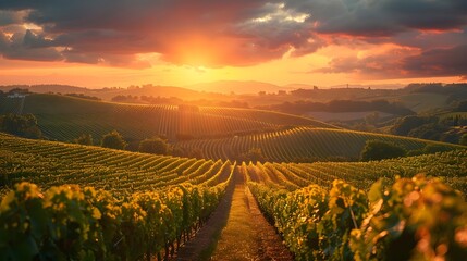 Fototapeta premium Sunset vineyard – Close-up view of the grapes in a vineyard. Vineyards, wine production, agriculture, organic.