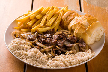 Delicious Traditional Meal with Steak Fries and Bread