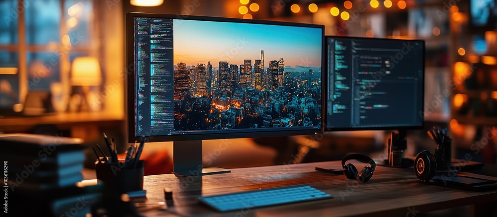 Poster two computer monitors on a desk show a cityscape and code. the desk has a keyboard, headphones, a la