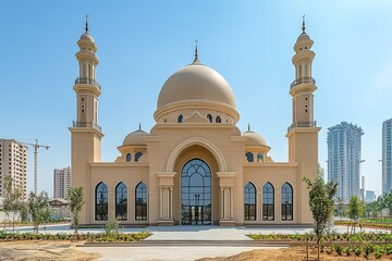 Fototapeta premium A beautiful mosque with two minarets stands tall against a clear blue sky.