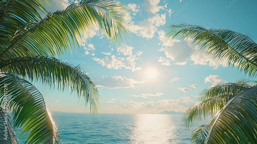 Poster sun shining over cloudy ocean with palm tree in foreground, ocean in background