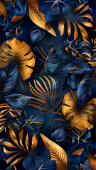 Abstract dark blue and gold tropical leaf pattern