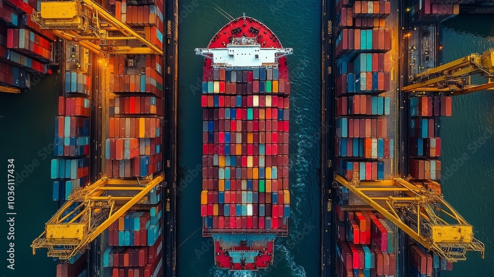 Poster a cargo ship moves carefully through a narrow channel surrounded by towering stacks of colorful ship