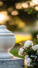 White cremation urn and flower arrangement on a memorial site at sunset