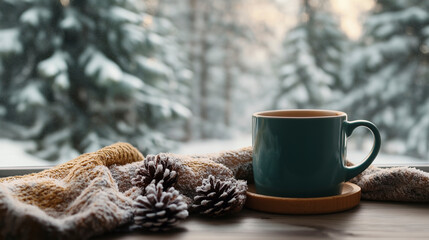 Cup of coffee against the background of a window and snow. Comfort warmth winter mood