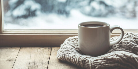 Cup of coffee against the background of a window and snow. Comfort warmth winter mood