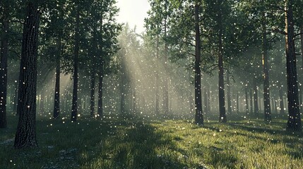 Obraz premium A vast forest brimming with numerous trees, accompanied by myriad fireflies soaring above the lush grass and towering trees