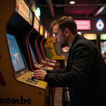 Nostalgic gaming experience featuring a retro-styled arcade with a man in brown