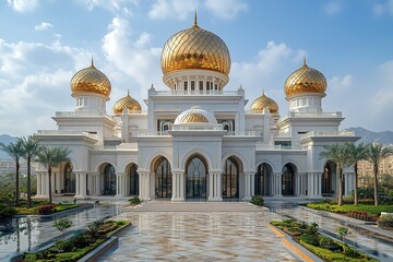 Obraz premium A grand mosque with golden domes and intricate details.