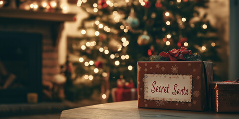 A gift on a table with the words "Secret Santa". Copy space