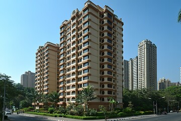 Modern apartment buildings line a city street.