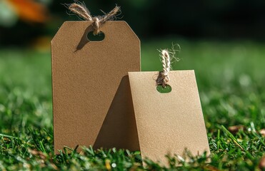 Natural kraft paper tags with jute twine on green grass background, ideal for eco-friendly labeling and decoration