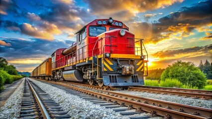 Obraz premium Freight train is traveling down railroad tracks near a forest at sunset
