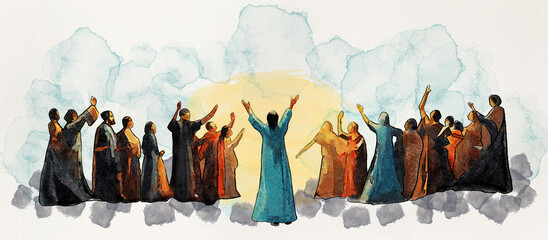 Saints Gather to Celebrate All Saints' Day Under a Radiant Sky, watercolor card
