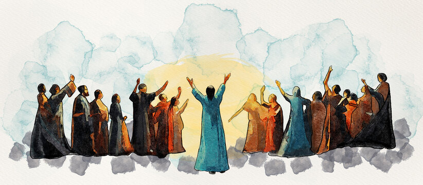 Saints Gather to Celebrate All Saints' Day Under a Radiant Sky, watercolor card