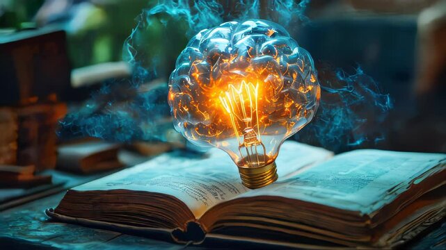 Glowing light bulb shaped like a brain over an open book, symbolizing knowledge, creativity, and innovation. Perfect for educational, learning, or inspirational concepts