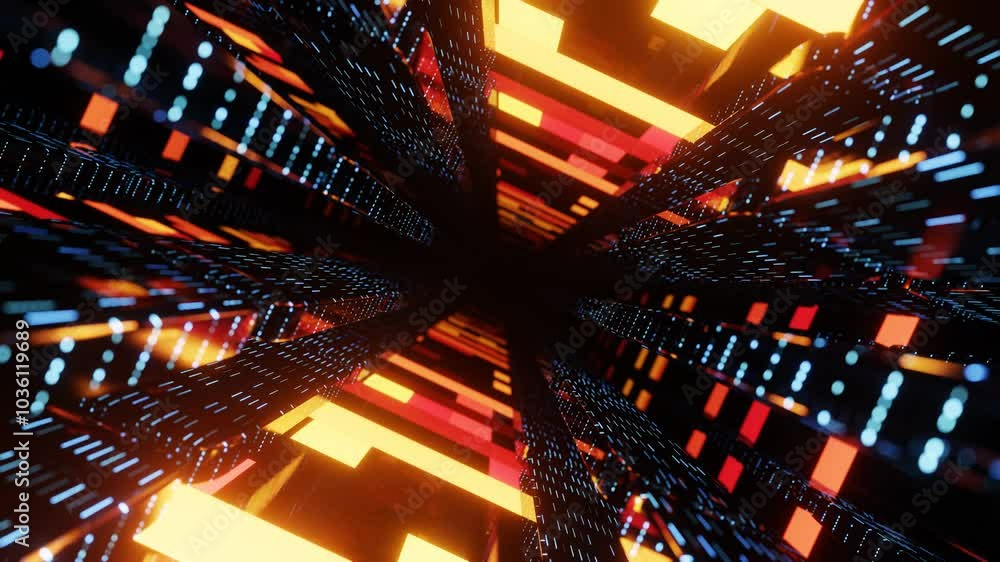 Poster fly through mirror designs form tunnel technology cyberspace with neon glow. sci-fi flight through d