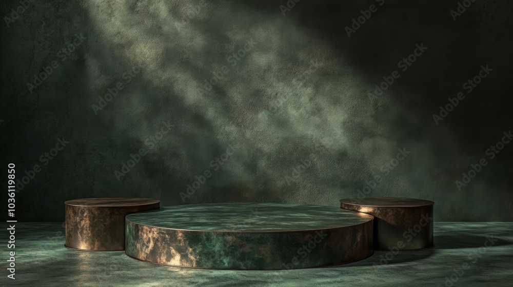 Aufkleber three circular pedestals of varying heights rest on a textured surface, illuminated by a soft beam o