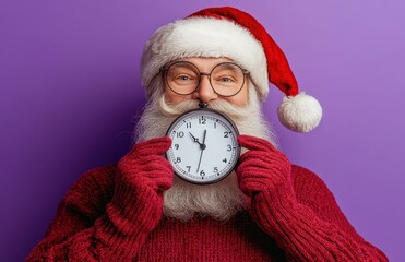 Santa Claus holding a clock in front of his face on a festive purple background