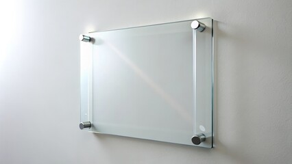 Transparent glass plate is hanging on a white wall, showing an empty space ready for your message or design