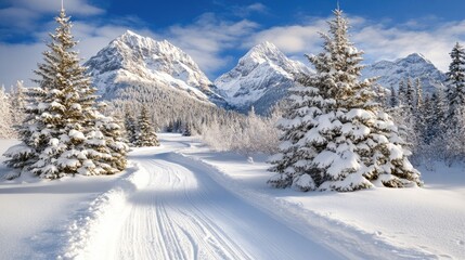 A winding highway reveals stunning, snowy peaks and frosted trees, showcasing nature's beauty in a serene winter landscape