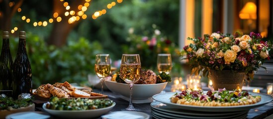 Fototapeta premium A beautifully set outdoor dining table with a white wine glass, food, and flowers in the evening.