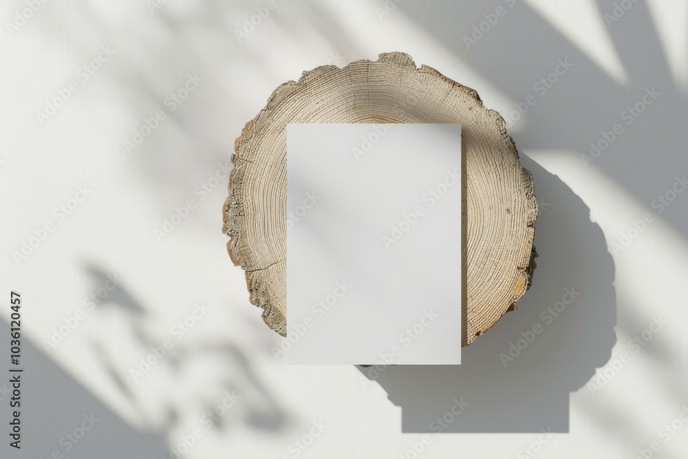 Poster a blank sheet rests on a wooden surface with shadows. concept of natural minimalism. for creating in