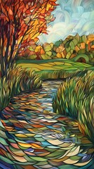 Fototapeta premium Serene autumn stream with vibrant fall colors reflecting on the water, creating a calm and tranquil seasonal scene.
