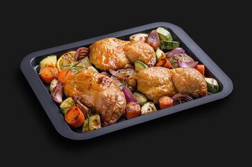 Delicious Roasted Chicken Thighs With Vegetables On Baking Tray