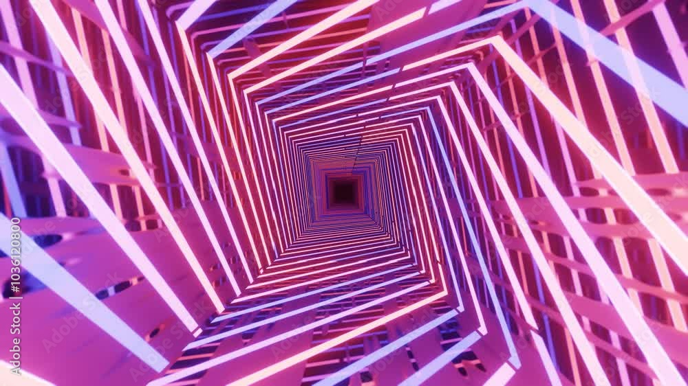 Poster 4k seamless looped animation. fly through mirror tunnel with neon pattern, glow lines form sci fi pa