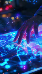 Hand Touching Futuristic Holographic Technology Interface