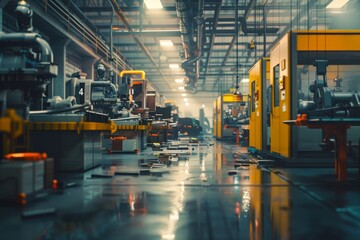 Industrial machines stand idle in a large factory with a glossy floor. Concept of manufacturing and technology. For illustrating industrial themes