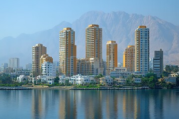 Fototapeta premium Modern buildings line a calm bay, backed by a hazy mountain range.